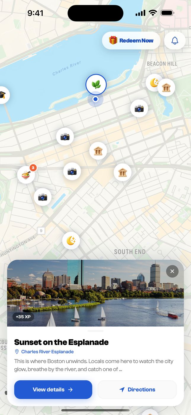 The app map of Boston with challenge pins and the Sunset on the Esplanade task open