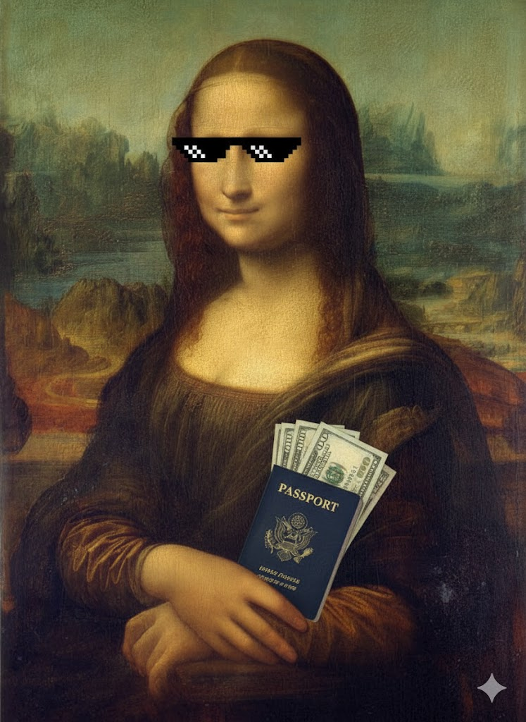 Mona Lisa with sunglasses and passport